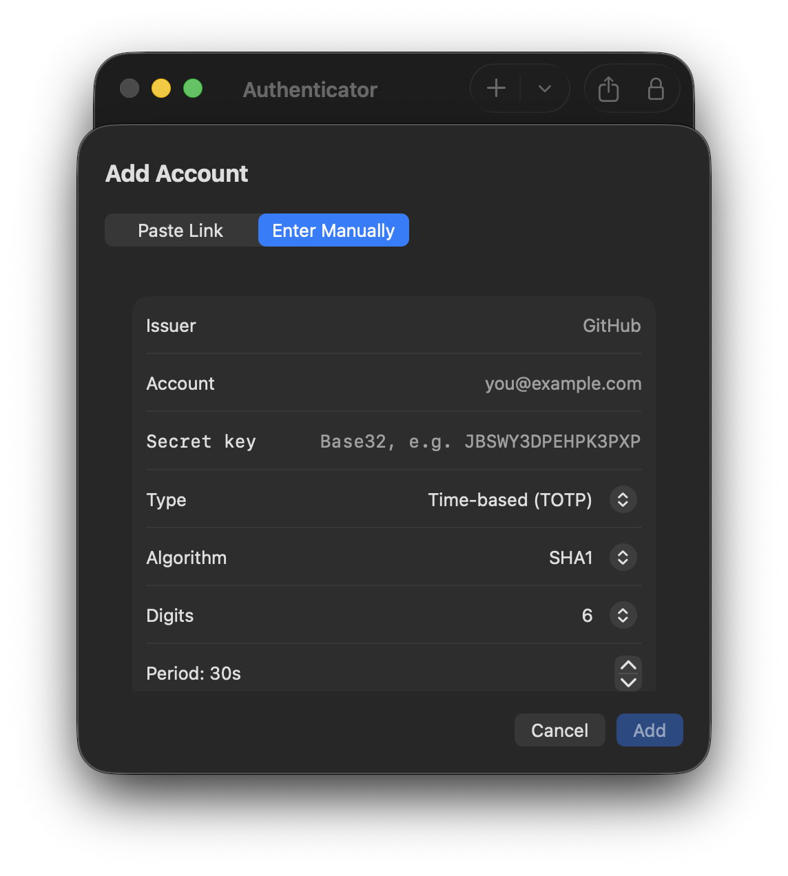The Add Account sheet, with fields for issuer, account, a base32 secret key, type, algorithm, digits, and period