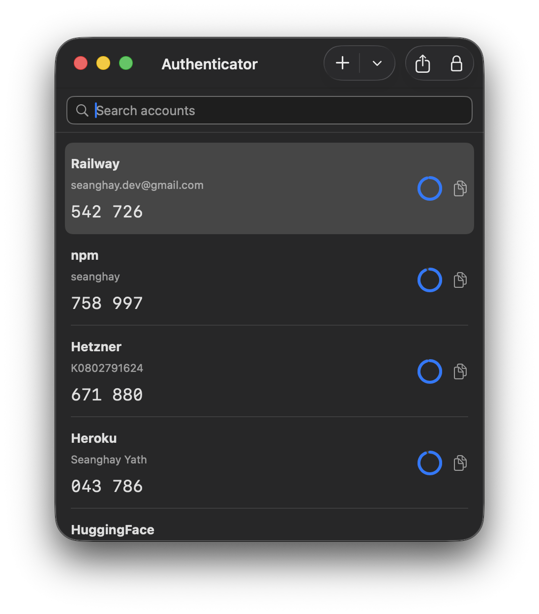 The Authenticator window showing a search field and a list of accounts, each with its issuer, account name, current six-digit code, and a countdown ring